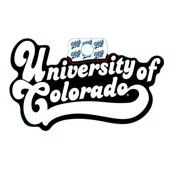 A retro slash groovy white and black font University of Colorado sticker.